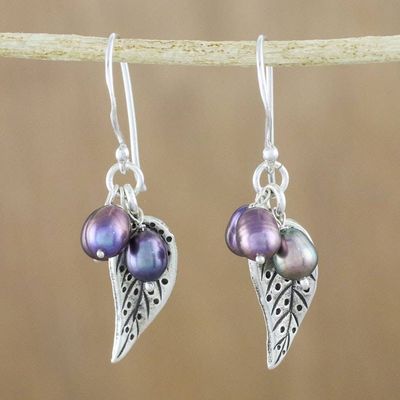Alternate image for Grey Cultured Pearl and Silver Leaf Earrings from Thailand Lively Leaves in Grey