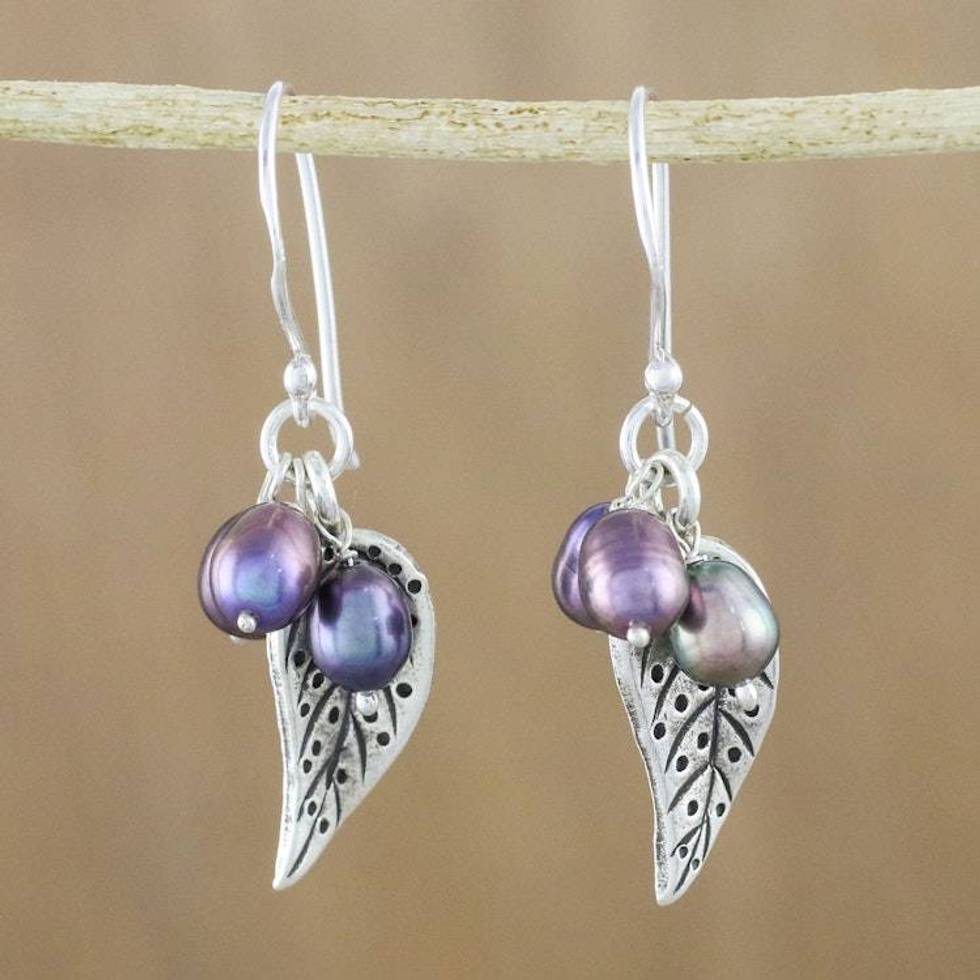 Grey Cultured Pearl and Silver Leaf Earrings from Thailand 'Lively Leaves in Grey'