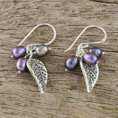 Alternate image for Grey Cultured Pearl and Silver Leaf Earrings from Thailand Lively Leaves in Grey