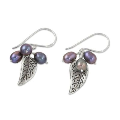 Alternate image for Grey Cultured Pearl and Silver Leaf Earrings from Thailand Lively Leaves in Grey