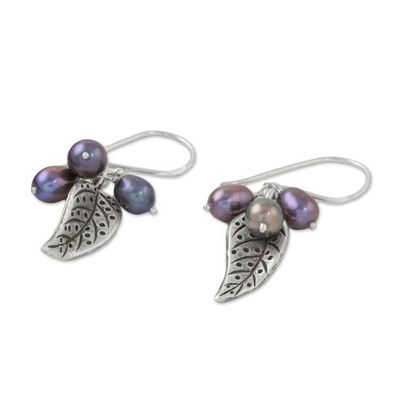 Alternate image for Grey Cultured Pearl and Silver Leaf Earrings from Thailand Lively Leaves in Grey