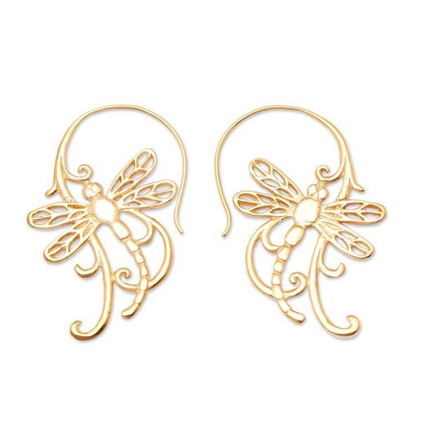 Alternate image for Polished Dragonfly-Themed 18k Gold-Plated Drop Earrings Enchanting Dragonfly