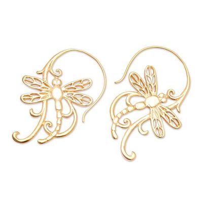 Alternate image for Polished Dragonfly-Themed 18k Gold-Plated Drop Earrings Enchanting Dragonfly