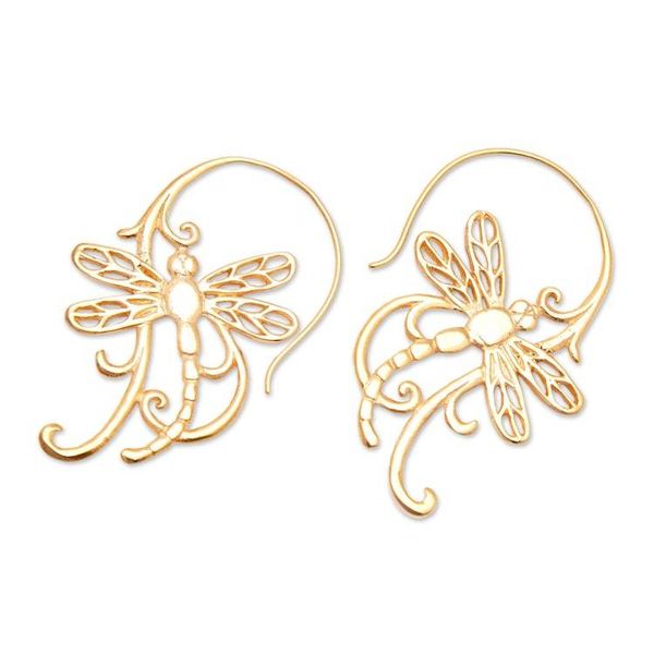 Alternate image for Polished Dragonfly-Themed 18k Gold-Plated Drop Earrings Enchanting Dragonfly