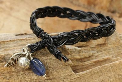 Alternate image for Braided Leather and Kyanite Bracelet with Hill Tribe Silver Joyous Nature