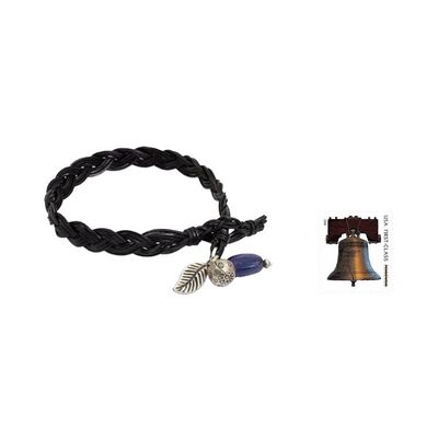 Alternate image for Braided Leather and Kyanite Bracelet with Hill Tribe Silver Joyous Nature