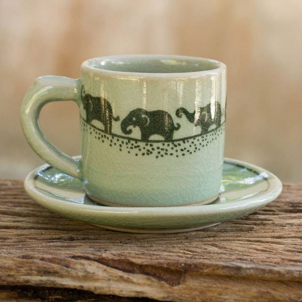Alternate image for Green Celadon Elephant Espresso Cup and Saucer Prancing Elephants