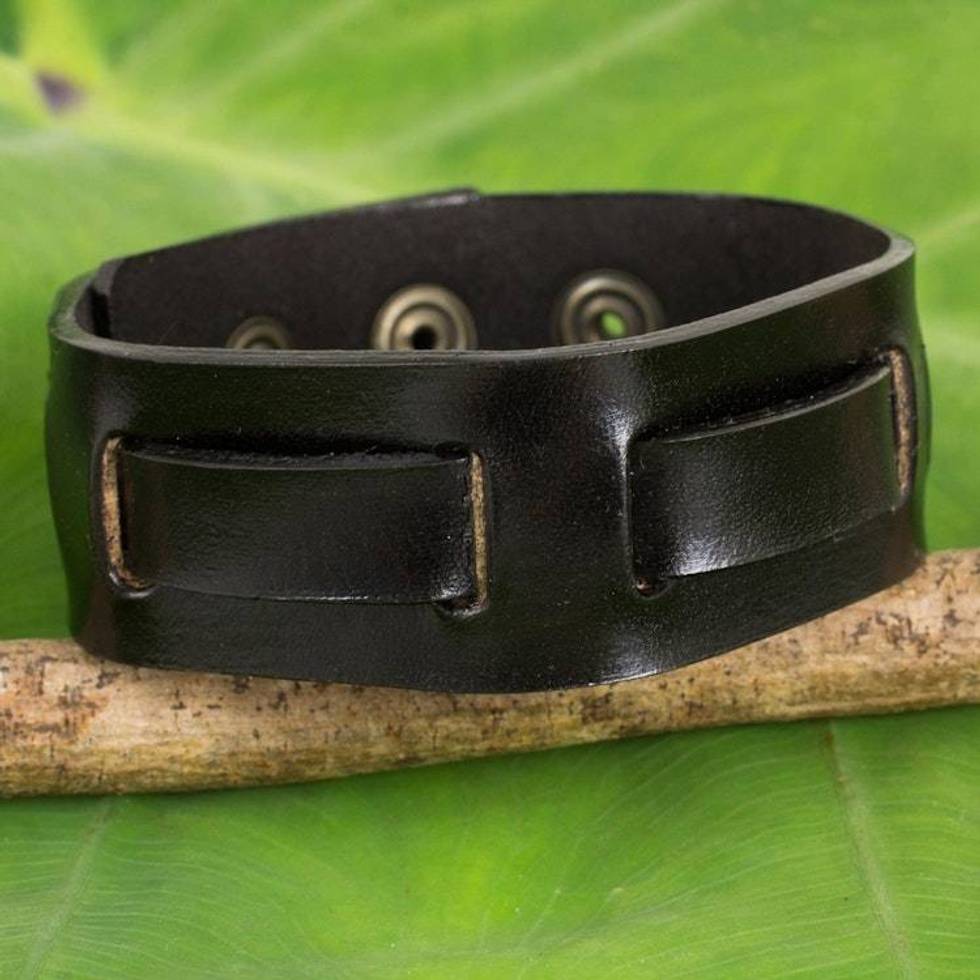 Men's Black Leather Wristband Bracelet Crafted by Hand 'Journey in Black'
