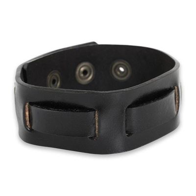 Alternate image for Mens Black Leather Wristband Bracelet Crafted by Hand Journey in Black