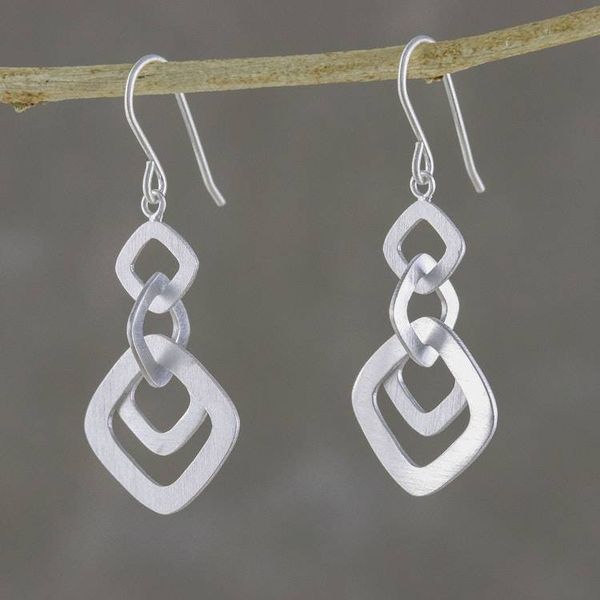 Alternate image for Square Motif Sterling Silver Dangle Earrings from Thailand Interlinked Squares