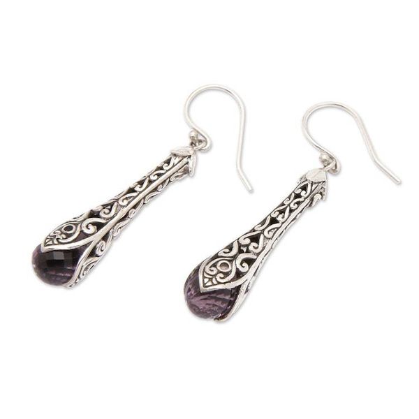 Alternate image for 925 Sterling Silver and Amethyst Dangle Earrings from Bali Misty Spirals