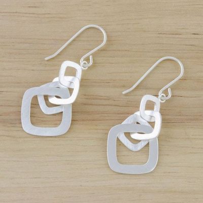Alternate image for Square Motif Sterling Silver Dangle Earrings from Thailand Interlinked Squares
