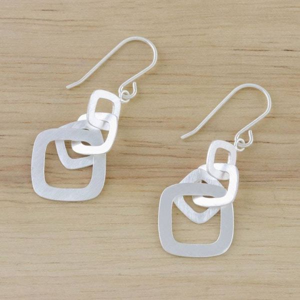 Alternate image for Square Motif Sterling Silver Dangle Earrings from Thailand Interlinked Squares