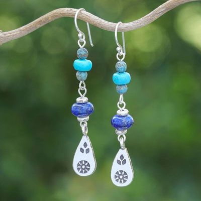 Alternate image for Multi-Gemstone Dangle Earrings with Silver Hill Tribe Motifs Thai Glam