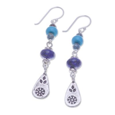 Alternate image for Multi-Gemstone Dangle Earrings with Silver Hill Tribe Motifs Thai Glam
