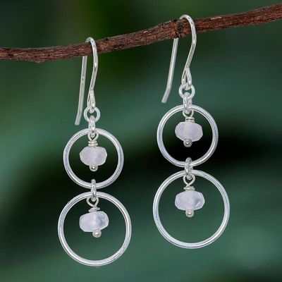 Alternate image for Natural Rose Quartz Dangle Earrings with Sterling Rings Rosy Orbits