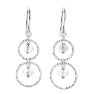 Alternate image for Natural Rose Quartz Dangle Earrings with Sterling Rings Rosy Orbits