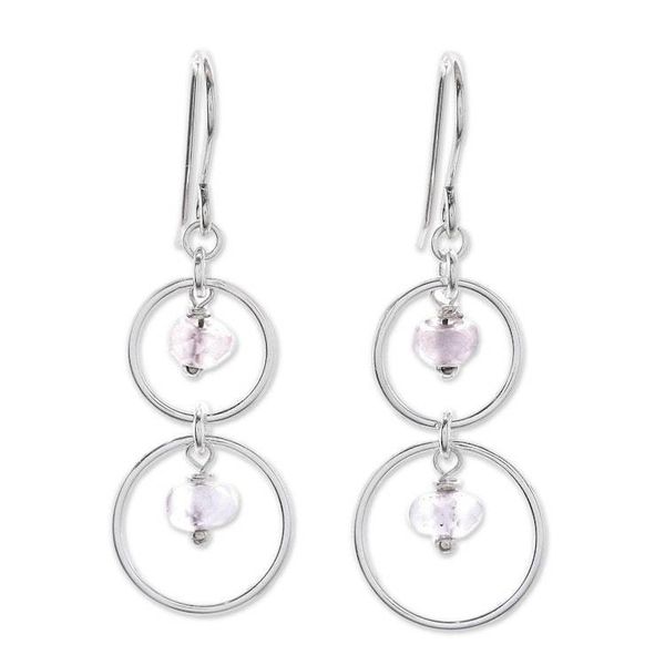 Alternate image for Natural Rose Quartz Dangle Earrings with Sterling Rings Rosy Orbits