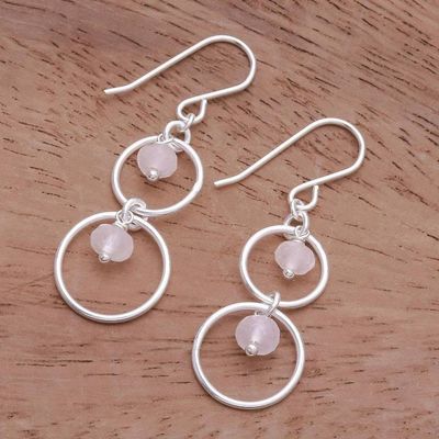 Alternate image for Natural Rose Quartz Dangle Earrings with Sterling Rings Rosy Orbits