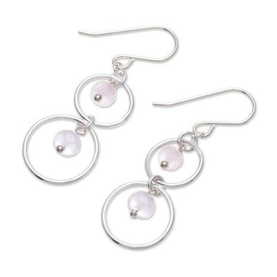 Alternate image for Natural Rose Quartz Dangle Earrings with Sterling Rings Rosy Orbits