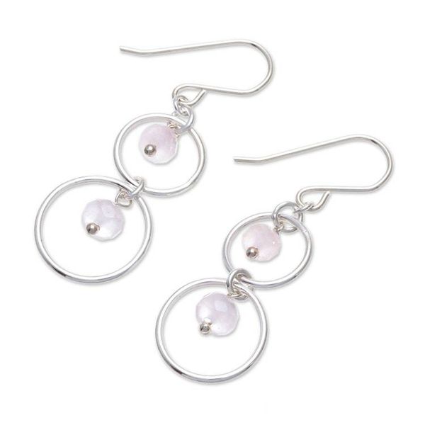 Alternate image for Natural Rose Quartz Dangle Earrings with Sterling Rings Rosy Orbits