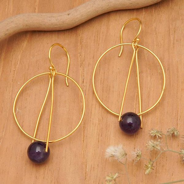 Alternate image for Modern 18k Gold-Plated Amethyst Dangle Earrings from Bali Avant-Garde Purple