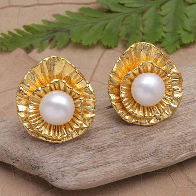 Primary image for 22k Gold-Plated Button Earrings with Cultured Pearls Pearly Lotus