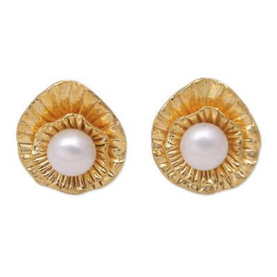 Alternate image for 22k Gold-Plated Button Earrings with Cultured Pearls Pearly Lotus