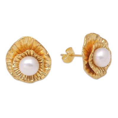 Alternate image for 22k Gold-Plated Button Earrings with Cultured Pearls Pearly Lotus