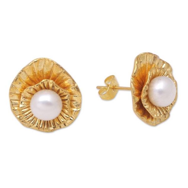 Alternate image for 22k Gold-Plated Button Earrings with Cultured Pearls Pearly Lotus