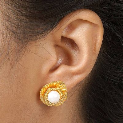 Alternate image for 22k Gold-Plated Button Earrings with Cultured Pearls Pearly Lotus