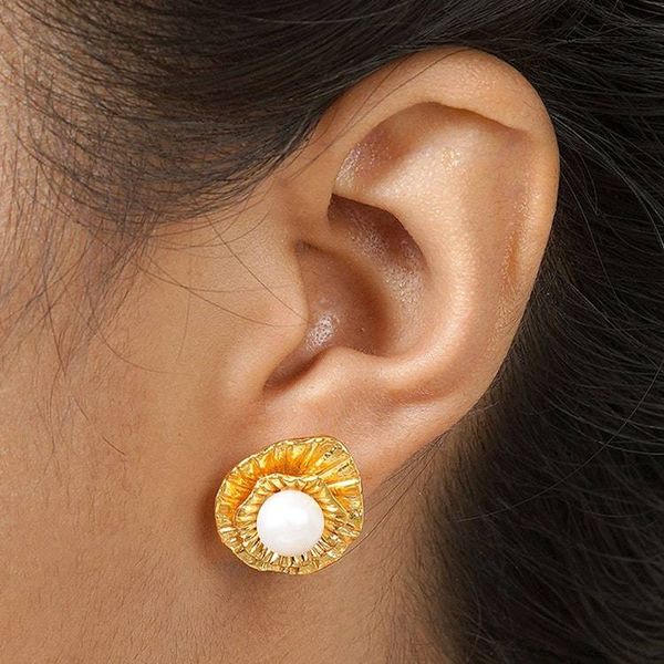 Alternate image for 22k Gold-Plated Button Earrings with Cultured Pearls Pearly Lotus