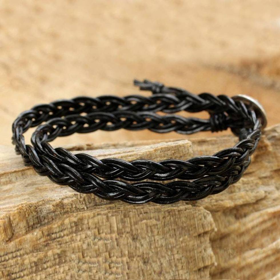 Black Braided Leather Bracelet with Hill Tribe Silver 'Black Braid'