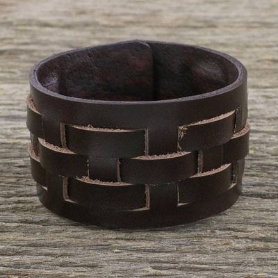 Alternate image for Brown Leather Bracelet with Lattice Style Weaving Moto Chic in Brown
