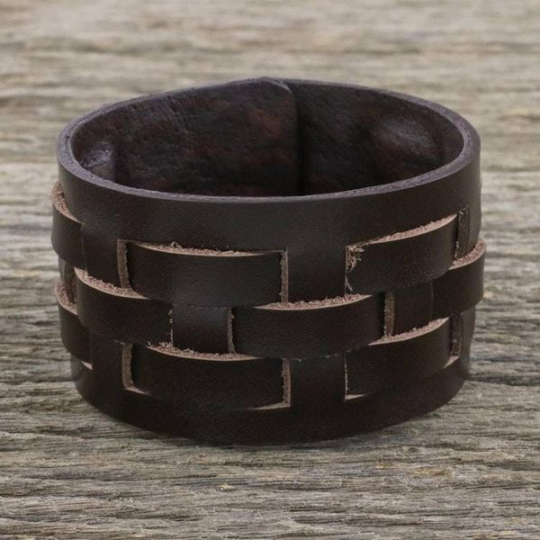 Alternate image for Brown Leather Bracelet with Lattice Style Weaving Moto Chic in Brown
