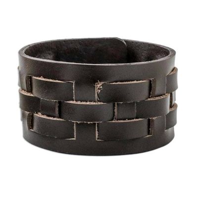 Alternate image for Brown Leather Bracelet with Lattice Style Weaving Moto Chic in Brown