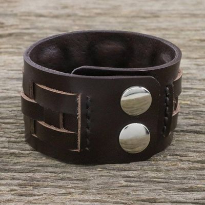 Alternate image for Brown Leather Bracelet with Lattice Style Weaving Moto Chic in Brown