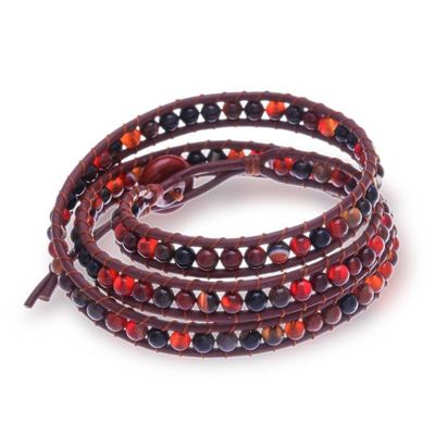 Alternate image for Crimson and Black Chalcedony Wrap Bracelet with Leather Cord Fiery Melody
