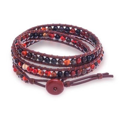 Alternate image for Crimson and Black Chalcedony Wrap Bracelet with Leather Cord Fiery Melody