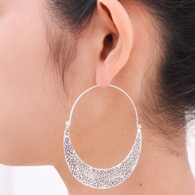 Alternate image for Hammered Sterling Silver Hoop Earrings Crescent Swing