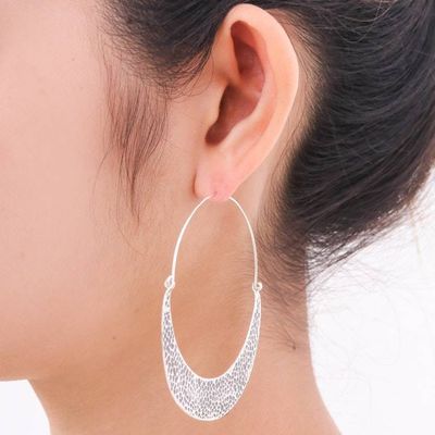 Alternate image for Hammered Sterling Silver Hoop Earrings Crescent Swing