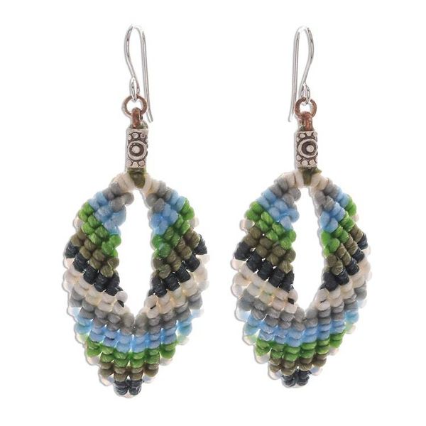 Alternate image for Macrame and Bead Dangle Earrings Handcrafted in Thailand Mini Boho in Blue-Green