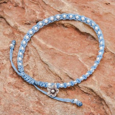Primary image for Sky Blue Cord Bracelet with 950 Silver Beads Flower Path in Sky Blue