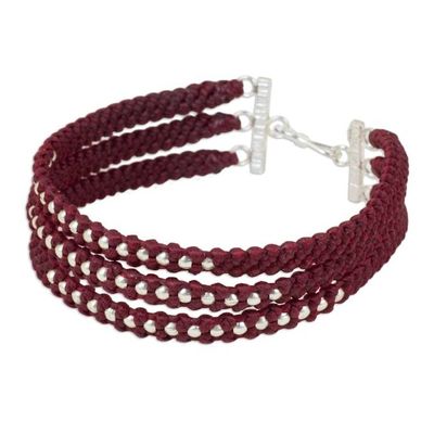 Alternate image for Dark Red Braided Wristband Bracelet with Silver Beads Crimson Moons