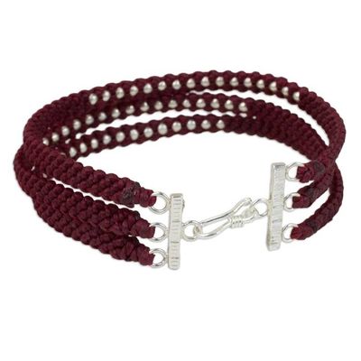 Alternate image for Dark Red Braided Wristband Bracelet with Silver Beads Crimson Moons