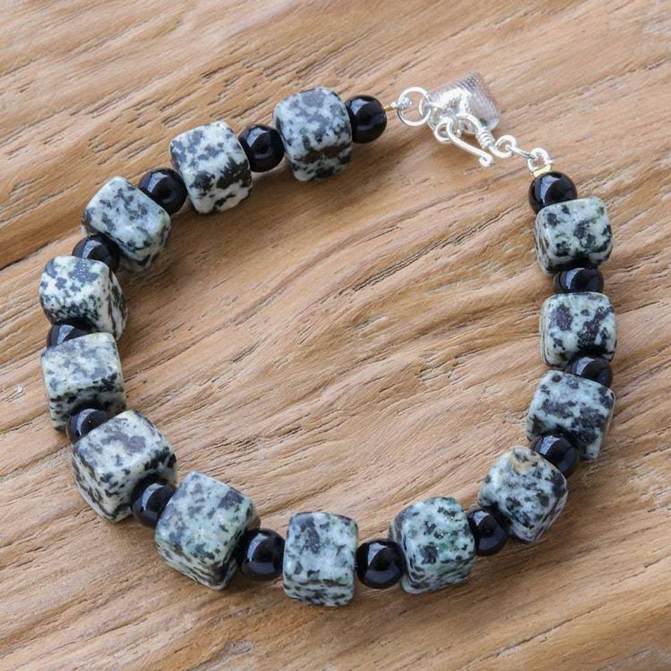 Jasper and Onyx Beaded Bracelet from Thailand 'Dalmatian Squares'