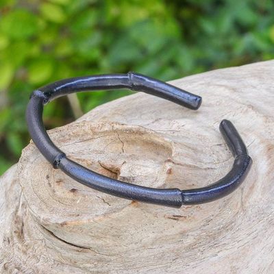 Alternate image for Bamboo-Inspired Adjustable Black Leather Cuff Bracelet Mysterious Bamboo
