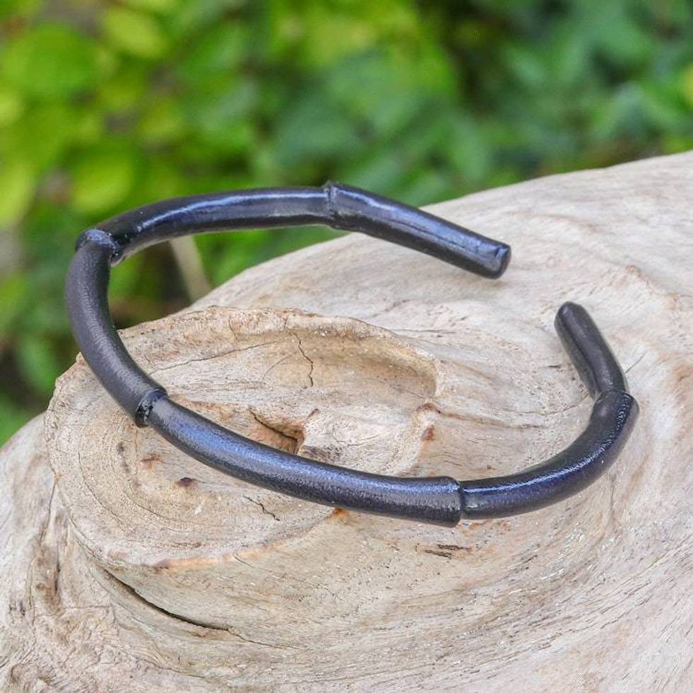 Bamboo-Inspired Adjustable Black Leather Cuff Bracelet 'Mysterious Bamboo'