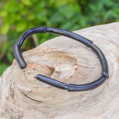 Alternate image for Bamboo-Inspired Adjustable Black Leather Cuff Bracelet Mysterious Bamboo