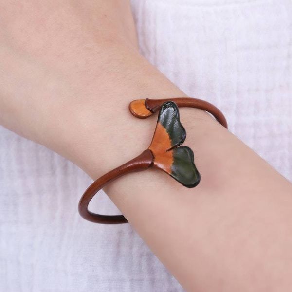 Alternate image for Ginko Leaf-Inspired Brown and Green Leather Wrap Bracelet Vital Brown